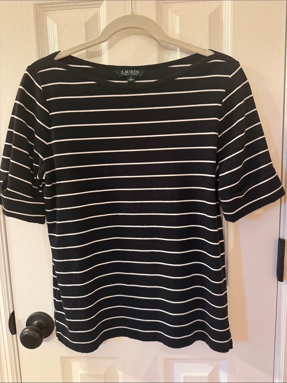 Lauren Ralph Lauren Black & White Striped Boatneck Short Sleeve Top